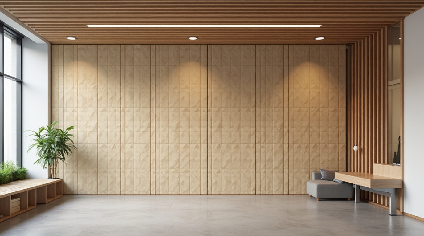 a modern interior space featuring installed acoustic wood wool panels on the walls