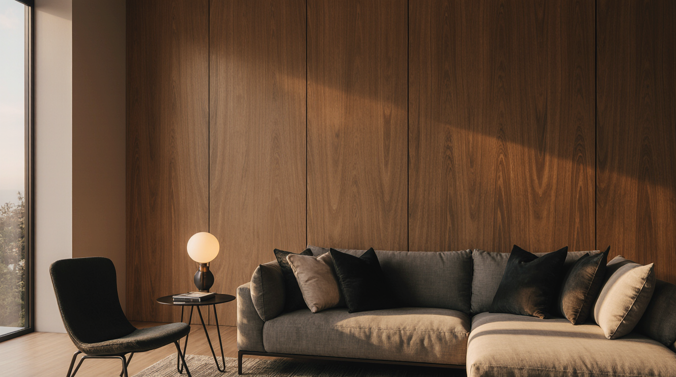 Contemporary interior with dark wood wall panels, gray sofa, and soft natural lighting from a large window