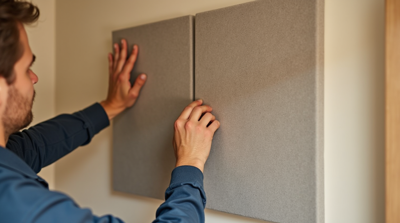 a person installing acoustic foam panels on a wall