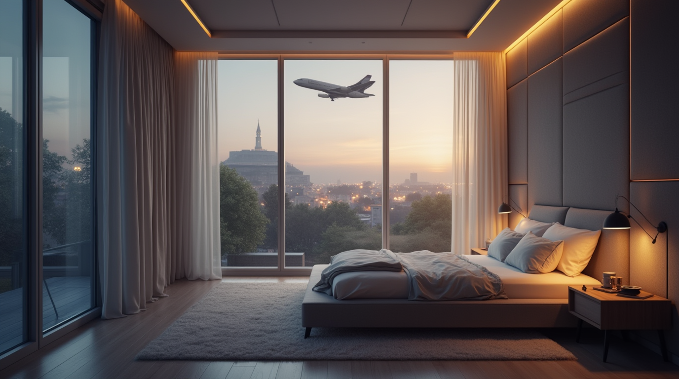 interior of a  bedroom under a flight path showing airplane flying