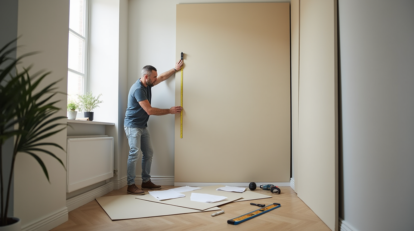a scene of a person installing acoustic wall panels in home office