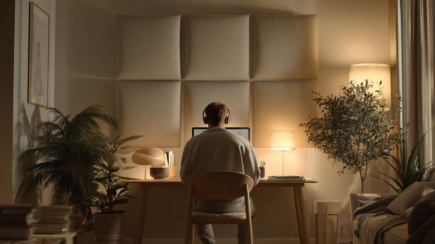 Home office with acoustic wall panels behind a desk