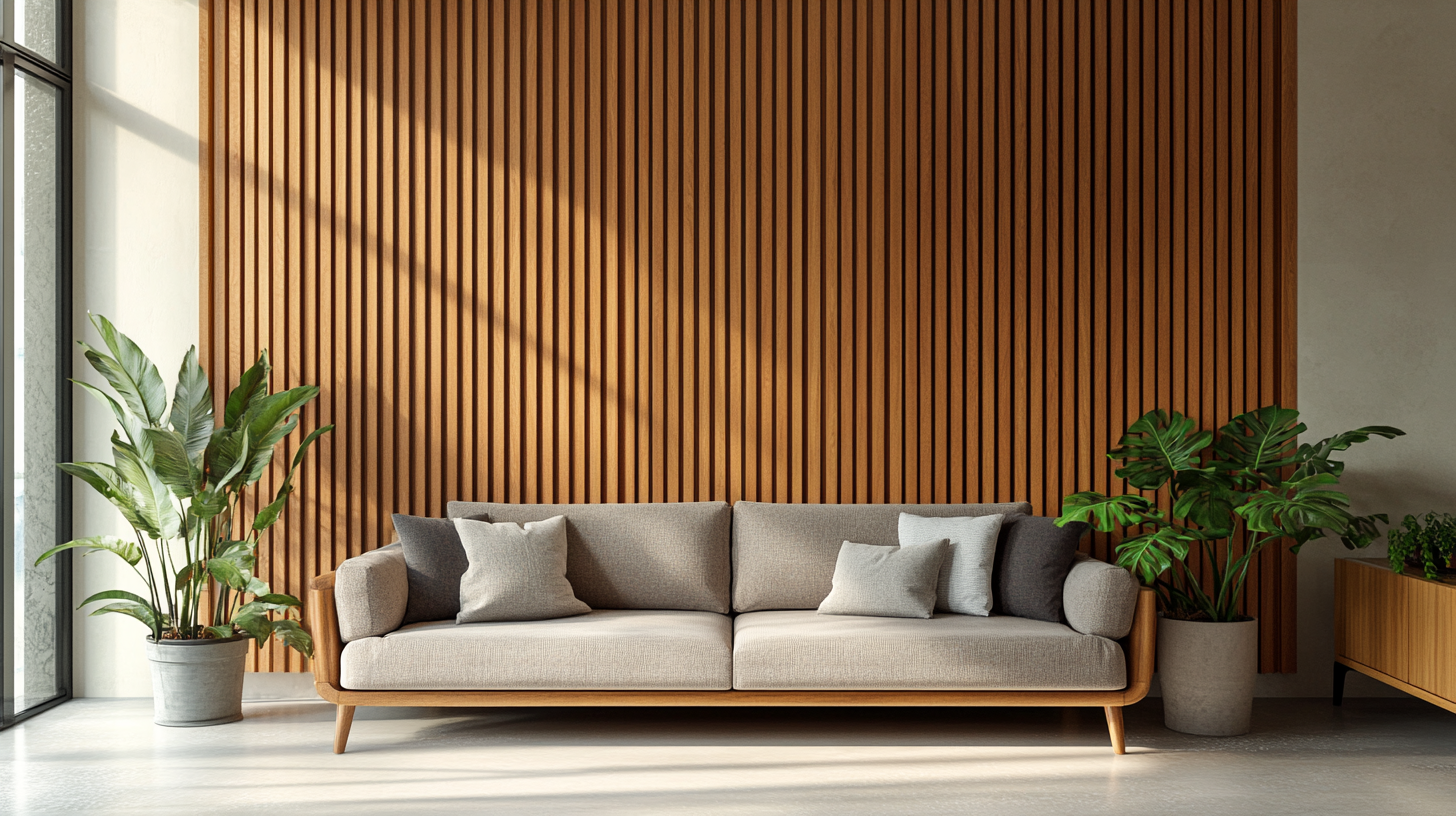 Living room with wood slat accent wall behind a sofa