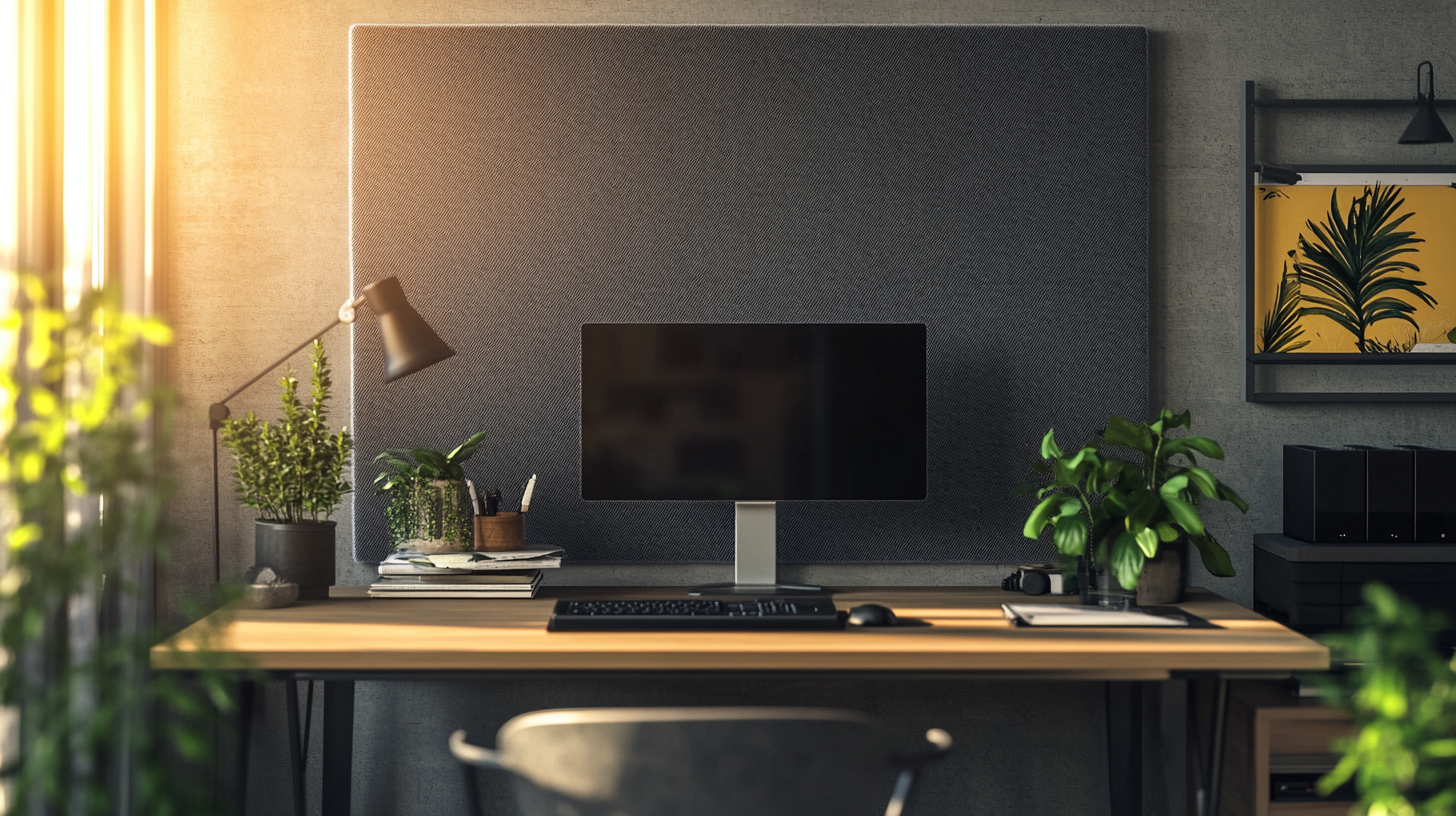 Home office with a gray fabric-wrapped acoustic panel behind the desk