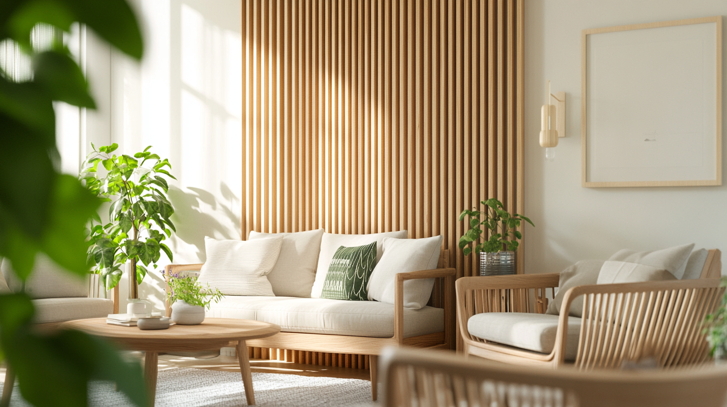 Bright living room with a warm wood slat feature wall