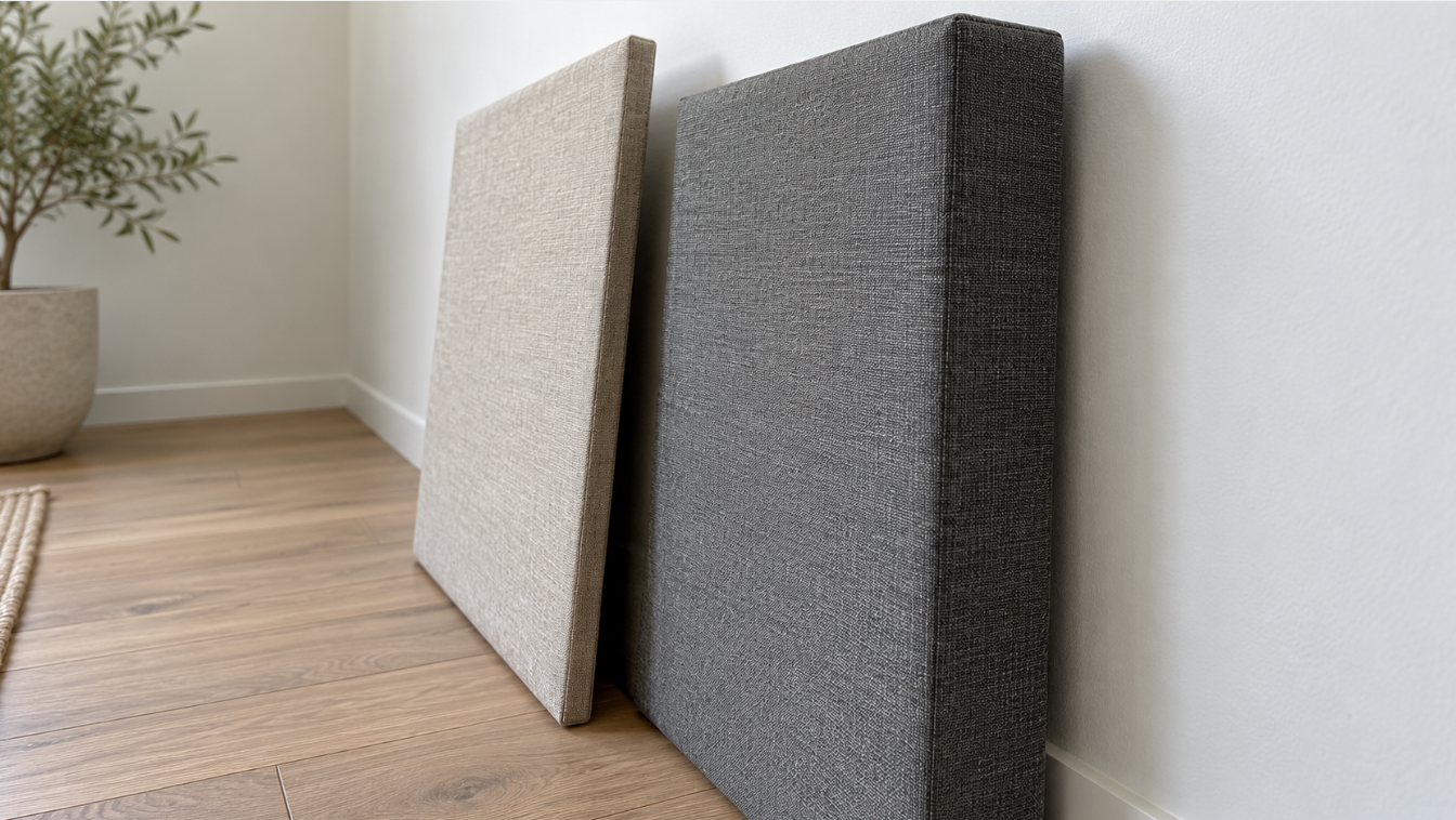 Thin and thick fabric acoustic panels leaning side by side against a white wall