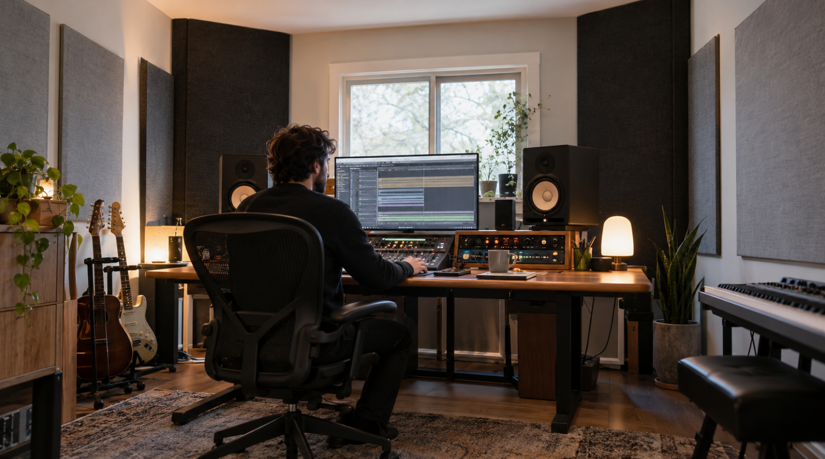 Man at a mixing desk in a home studio with thick panels across the corners and flat panels on the side walls