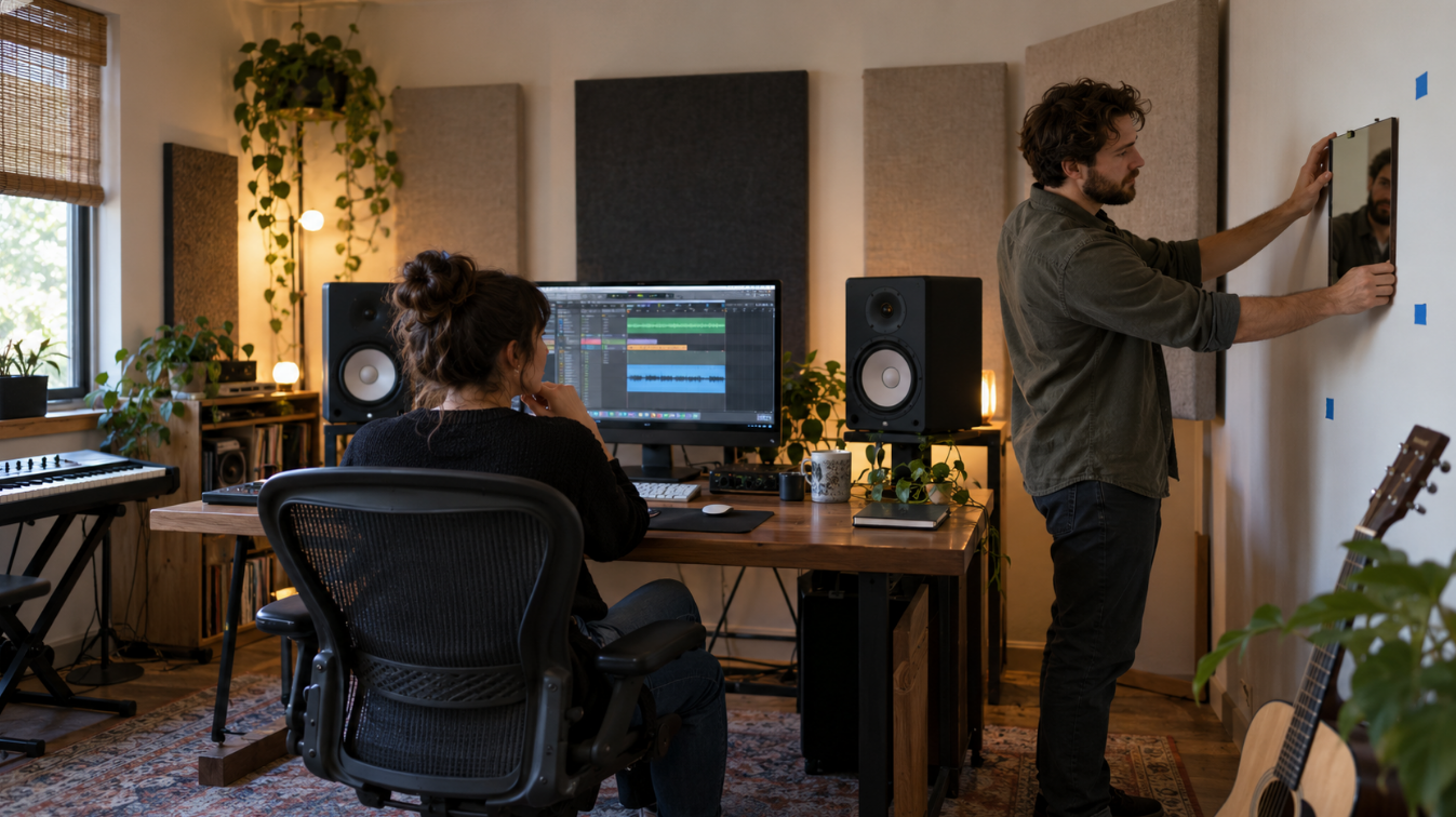 Man sliding a mirror along a studio side wall while a woman sits at the desk