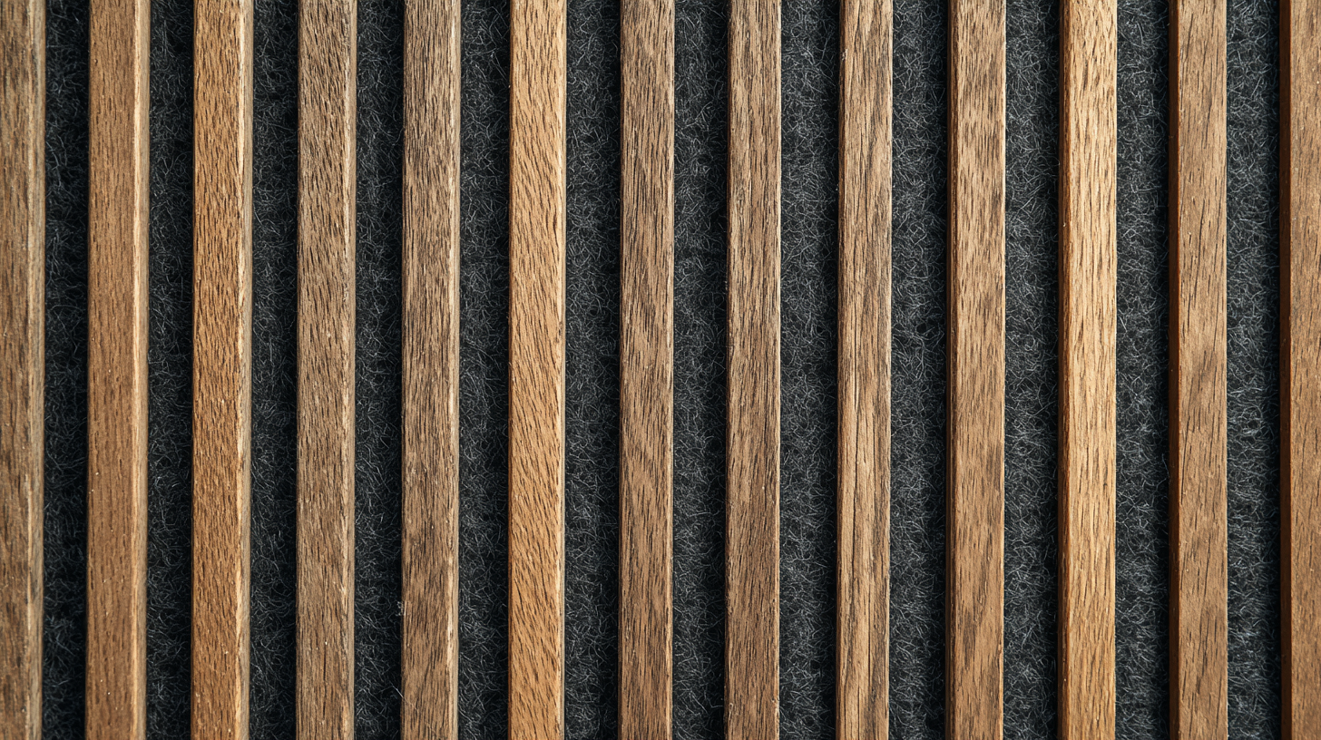 Close-up of acoustic wood slat panel with narrow oak slats and black felt backing