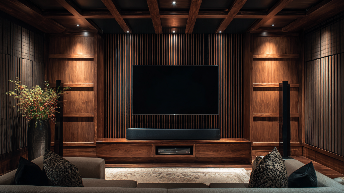 Home theater with dark walnut acoustic slat wall panels, coffered ceiling and built-in TV unit