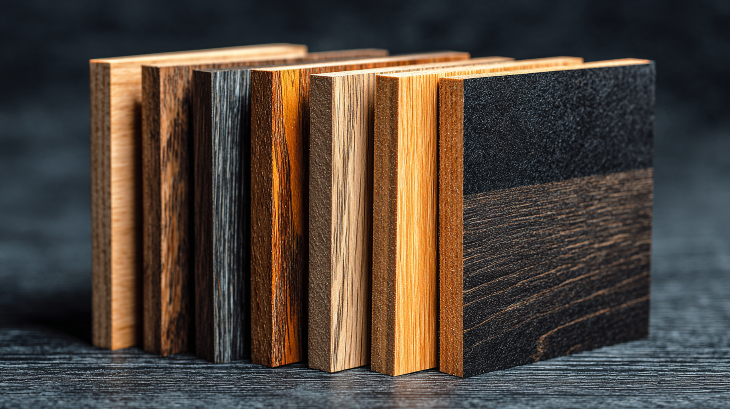 Wood species sample boards showing oak, walnut, birch, pine and ebonized finishes for acoustic panels