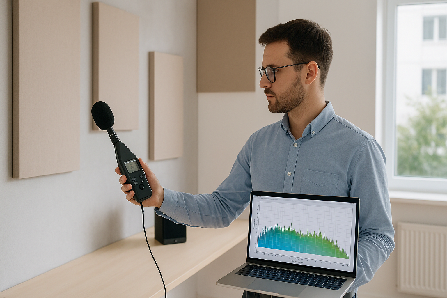 Acoustic specialist measuring indoor noise levels with sound meter