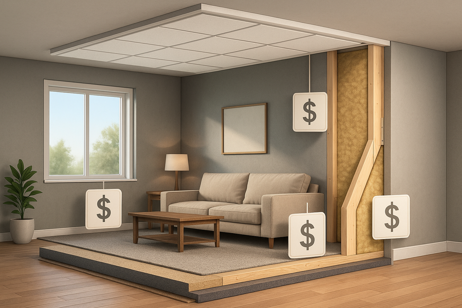 Living room with soundproofing layers and cost indicators
