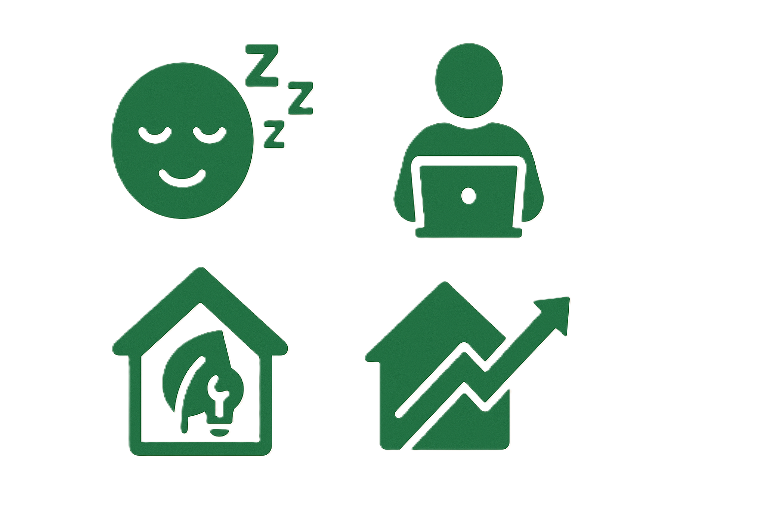 Icons showing better sleep, work focus, energy savings, and higher home value