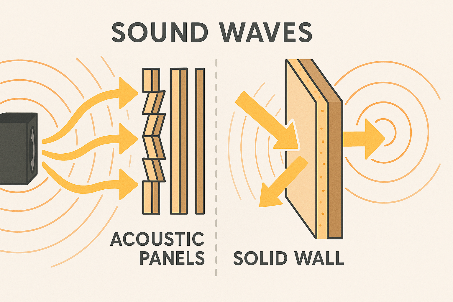 Conceptual illustration showing sound waves interacting with different materials