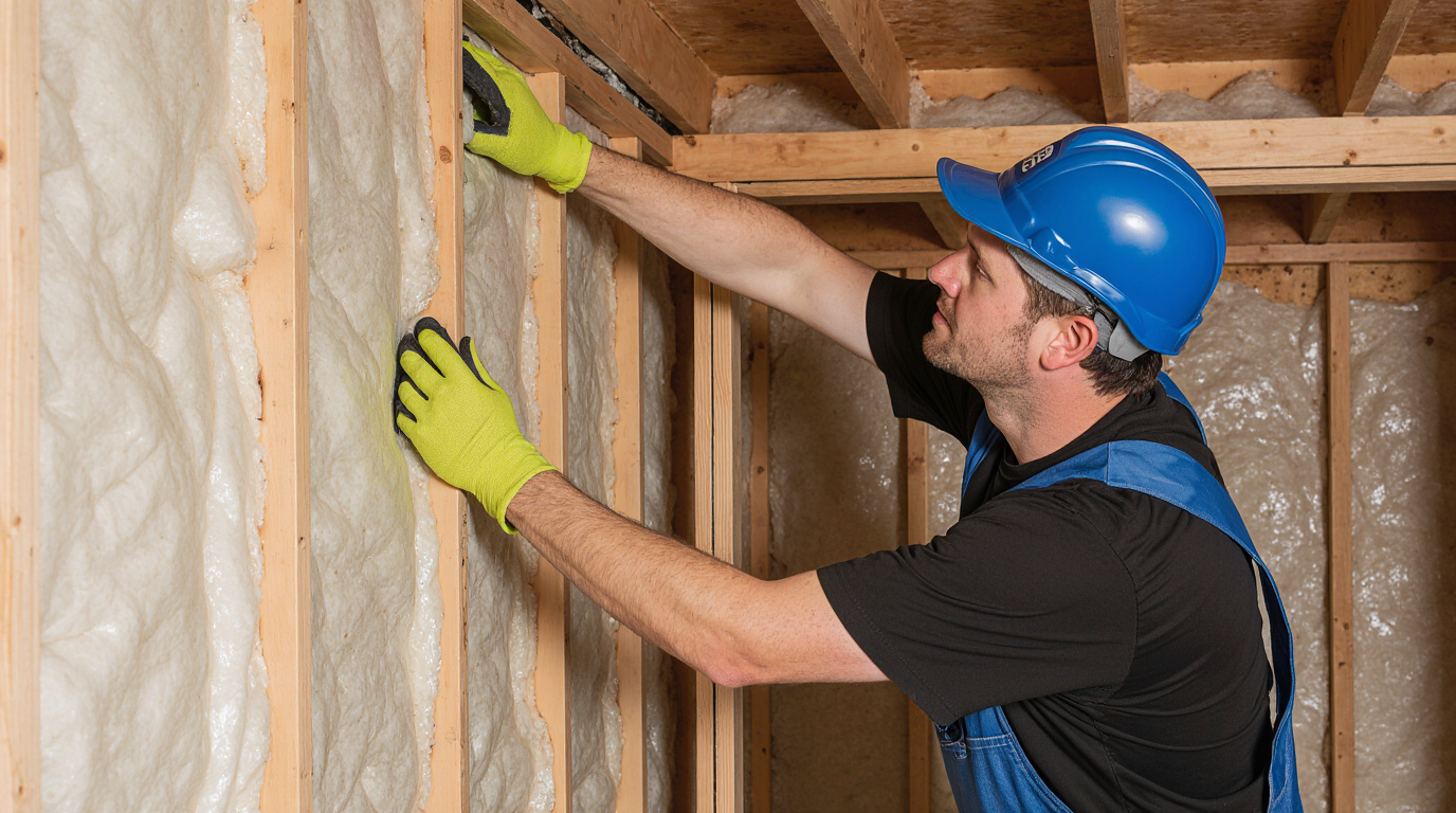 Construction worker placing fiberglass insulation between wooden studs