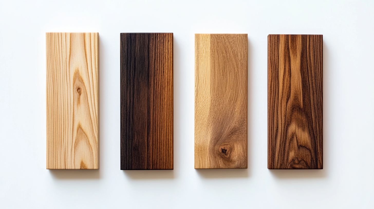 Four wood species samples showing different tones and grain patterns for acoustic panel slats