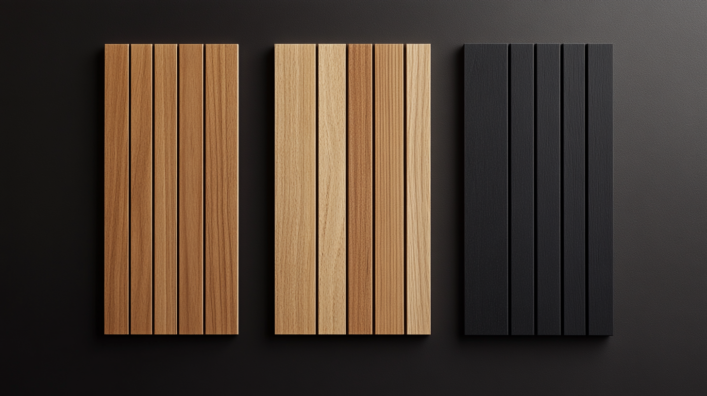 Three wood slat acoustic panels in different finishes: dark oak, light oak and matte black