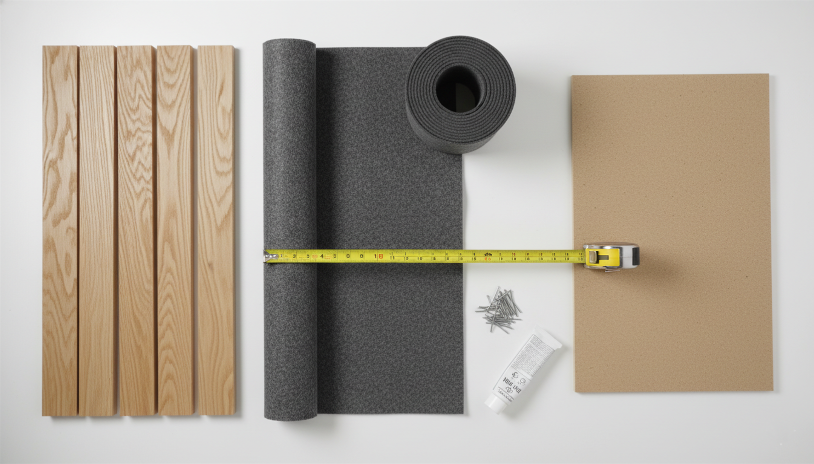 DIY wood slat acoustic panel materials including slats, acoustic felt roll, MDF board, brad nails and construction adhesive