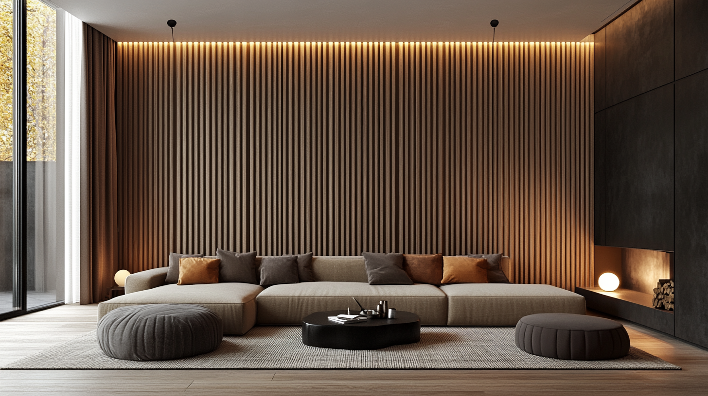 Modern living room with full-wall wood slat acoustic panels and ambient backlight