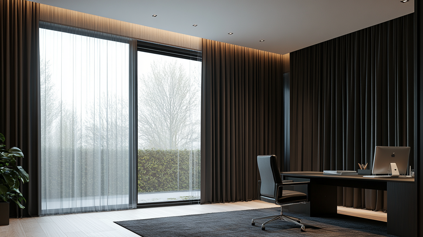 Dark acoustic curtains covering walls and windows in a modern office space