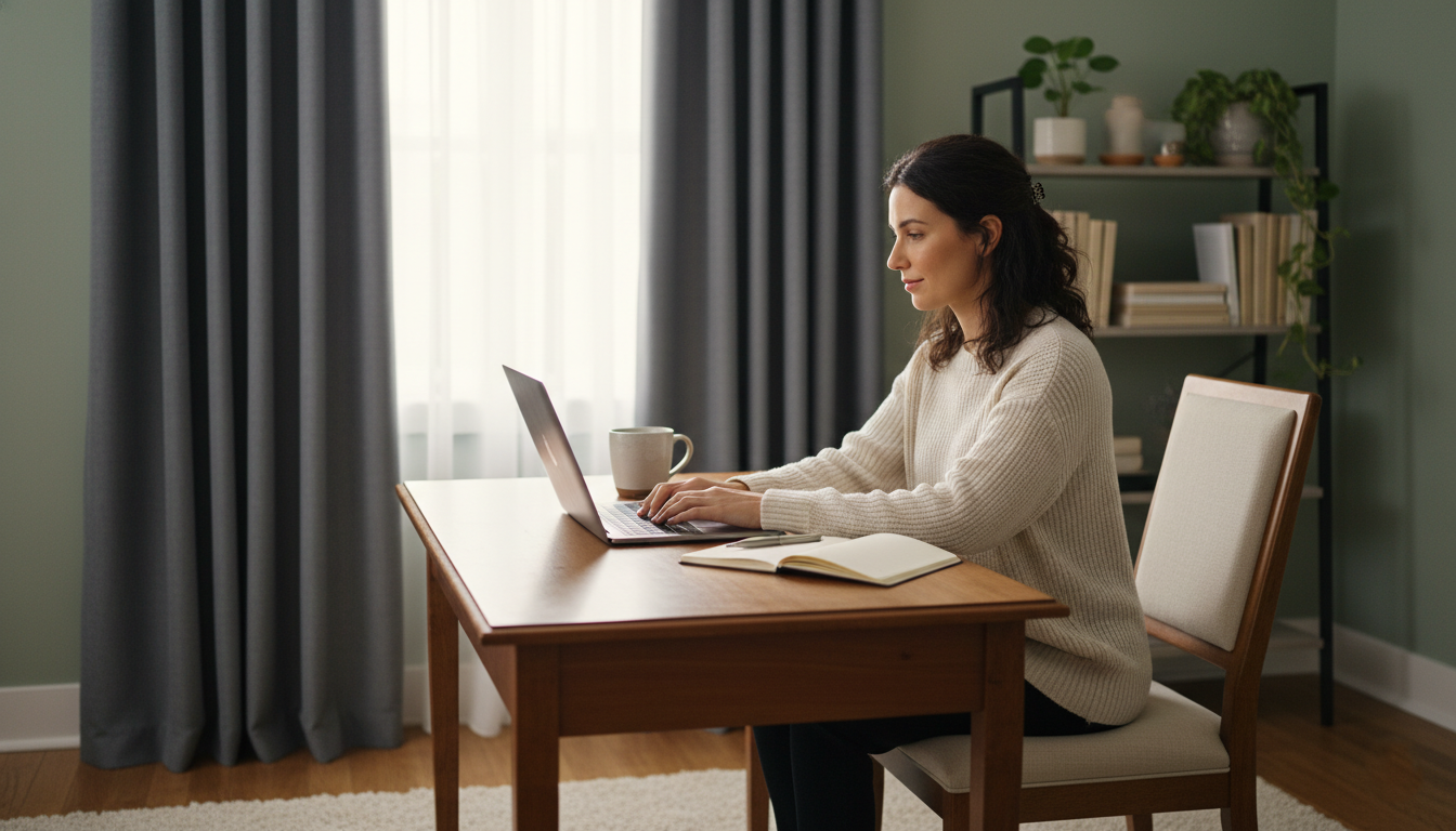 Woman working at desk with acoustic curtains on window in home office
