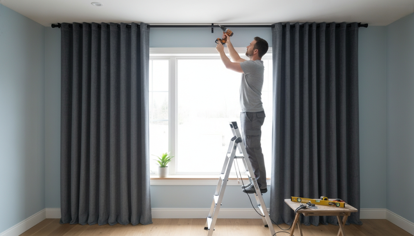 Man installing acoustic curtains on ceiling track in a room
