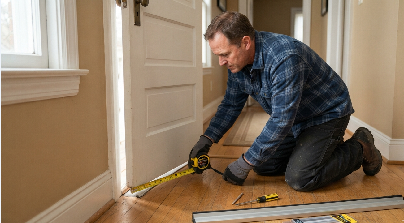 Man measuring the gap under an interior door with a tape measure, a door seal and screwdriver beside him