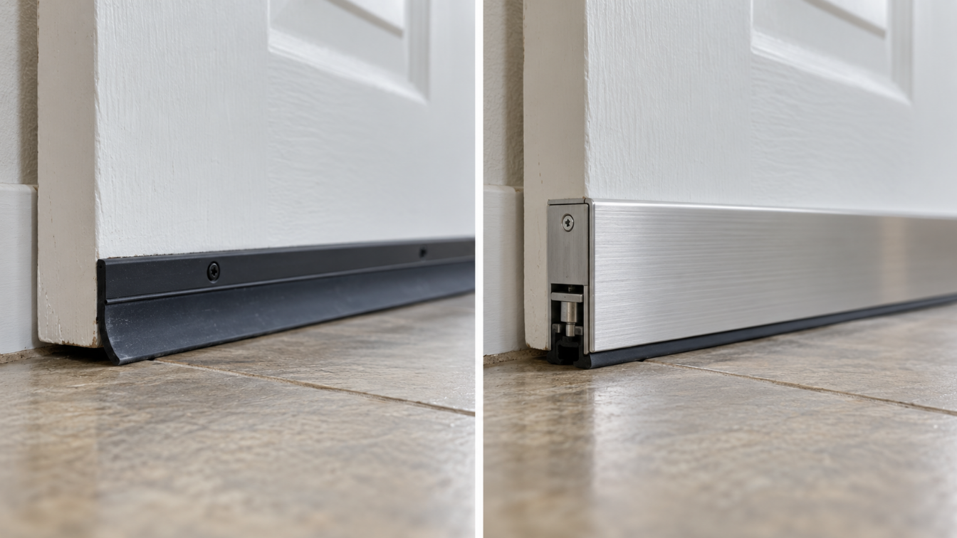 Rubber door sweep on a tile floor next to an automatic door bottom sealed against the floor