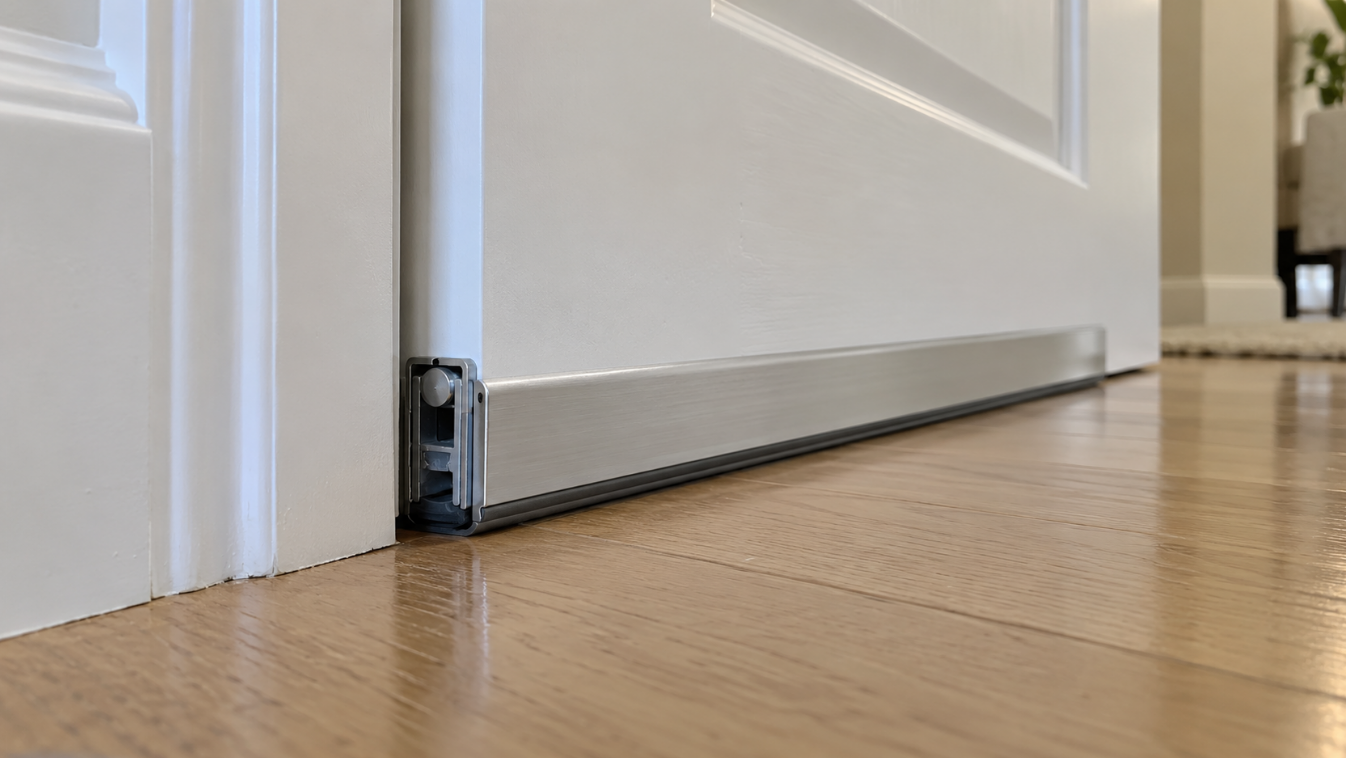 Aluminum automatic door bottom seal pressed against a hardwood floor under a white interior door