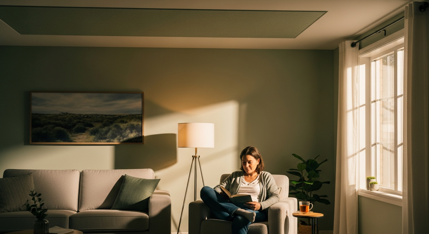 Woman reading in quiet living room with ceiling-mounted acoustic panel