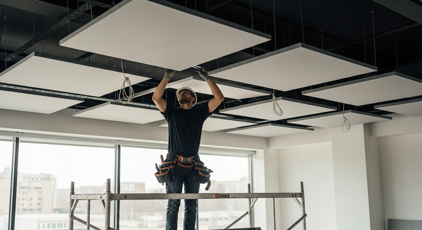 Worker on scaffolding installing suspended acoustic panels in commercial space