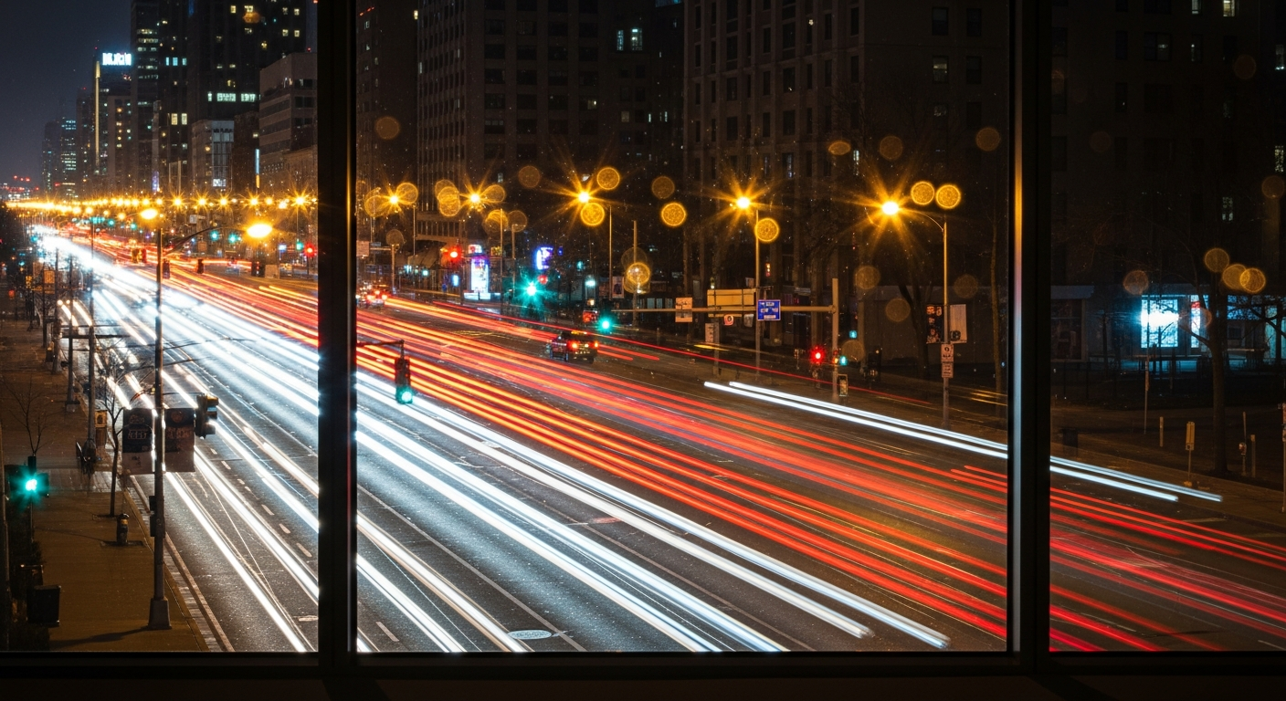 Busy city street at night seen through a window