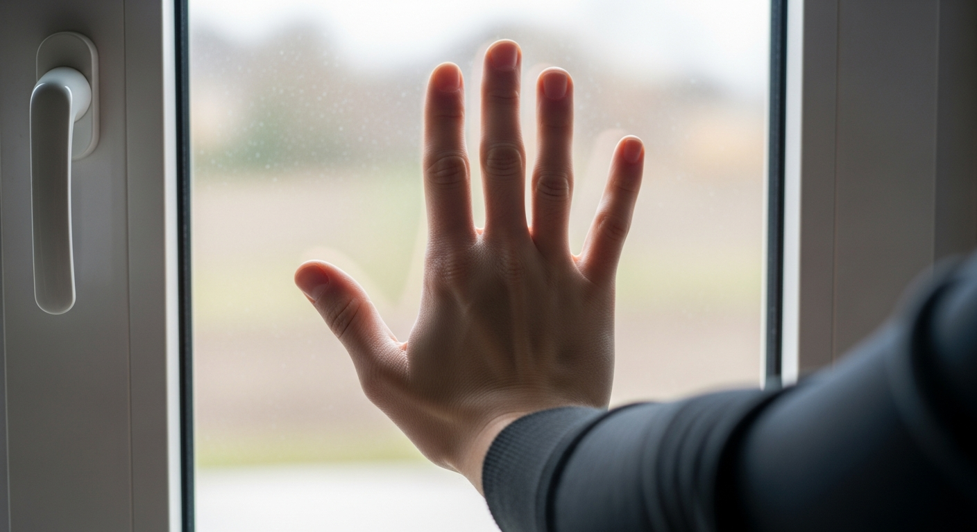Hand pressed against window glass to check for vibration