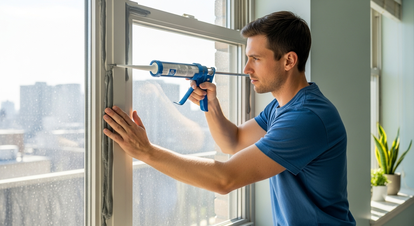 Man applying acoustic caulk around a window frame