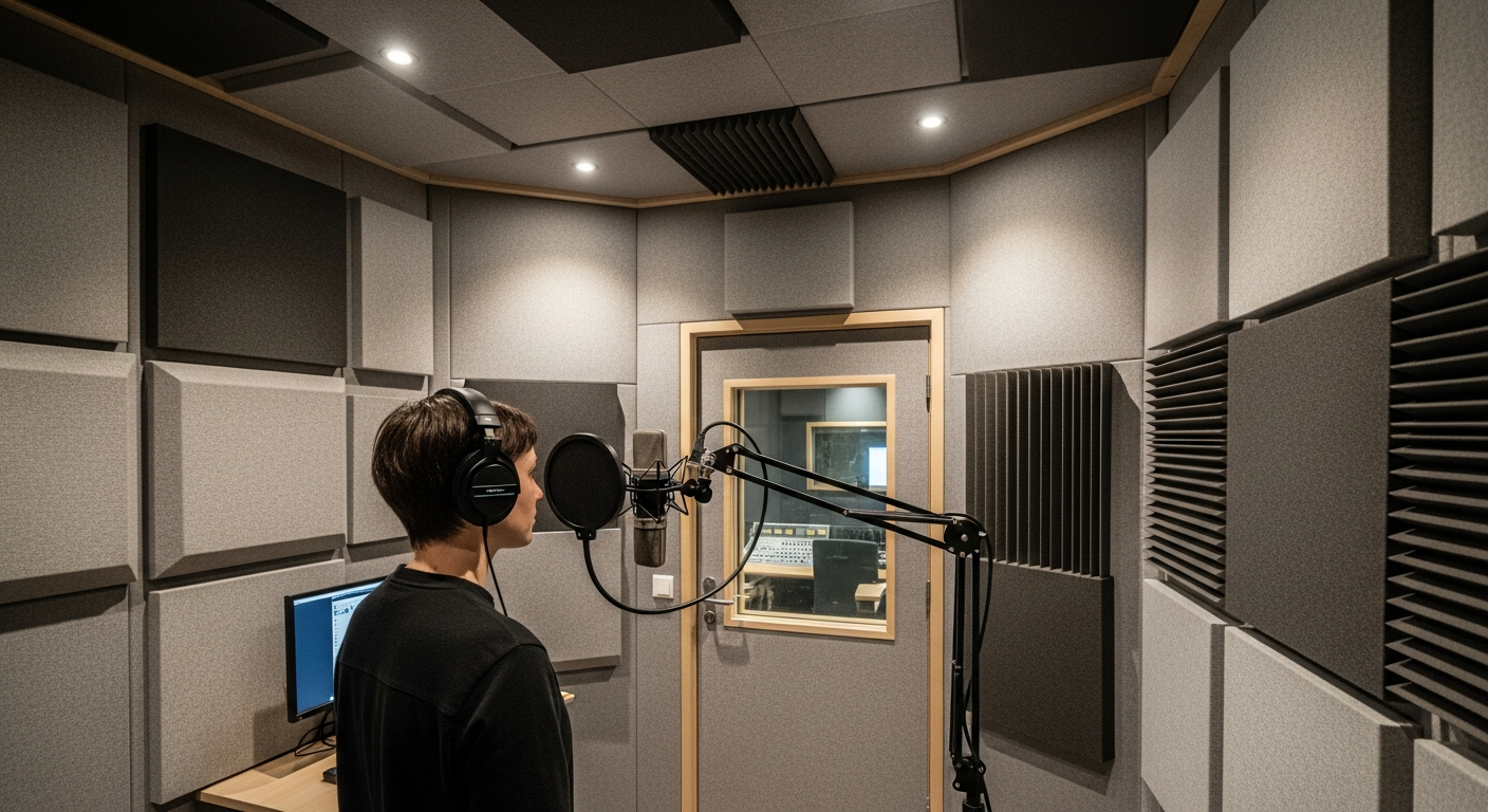 Vocalist recording in a treated soundproof booth