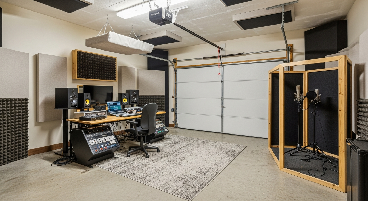 Garage recording studio with mixing desk, vocal booth, and acoustic panels