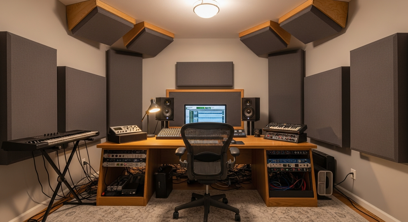 Home studio with acoustic panels, bass traps, and a mixing workstation