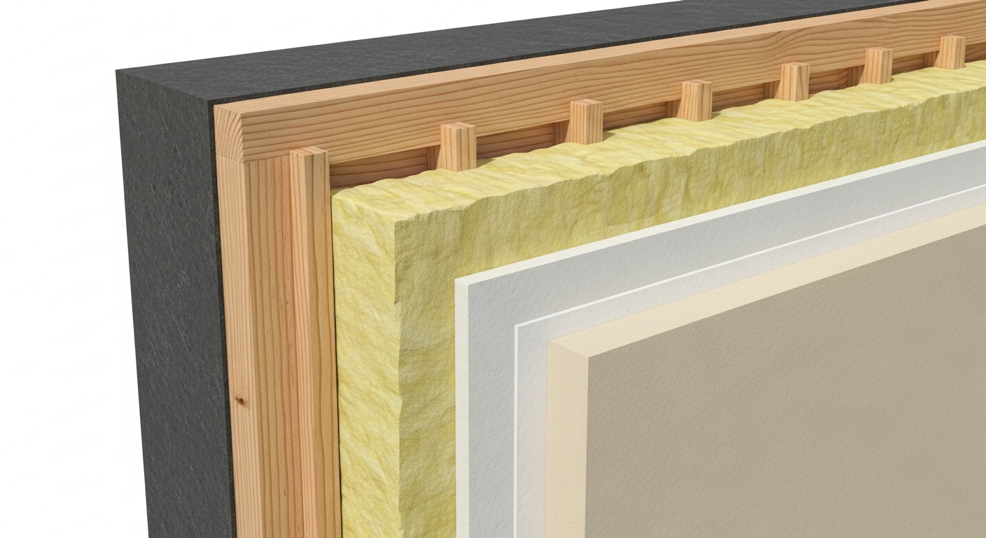 Cross-section diagram of a multilayer wall with thermal and acoustic insulation