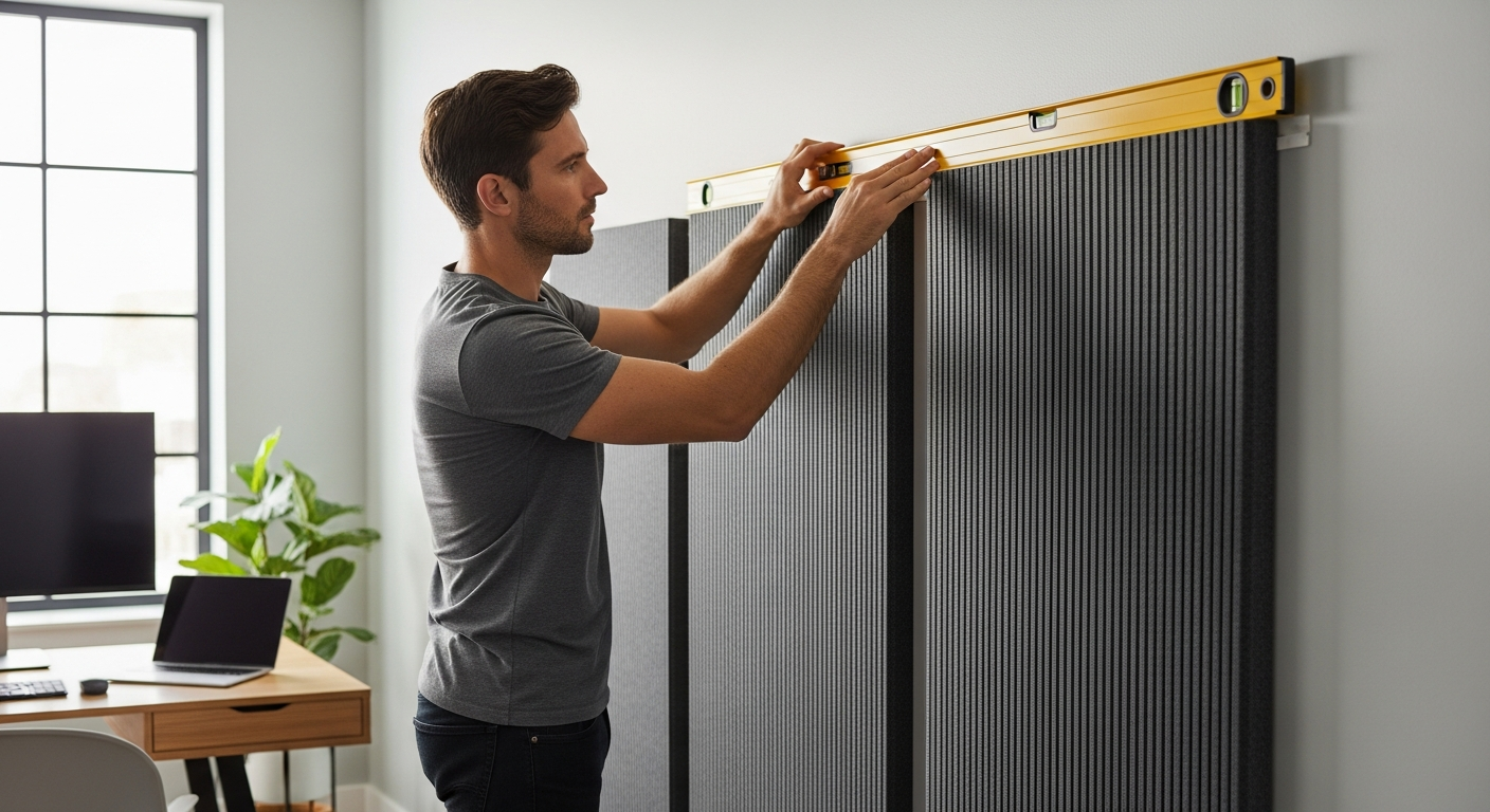 Man using a level to align acoustic panels on a wall