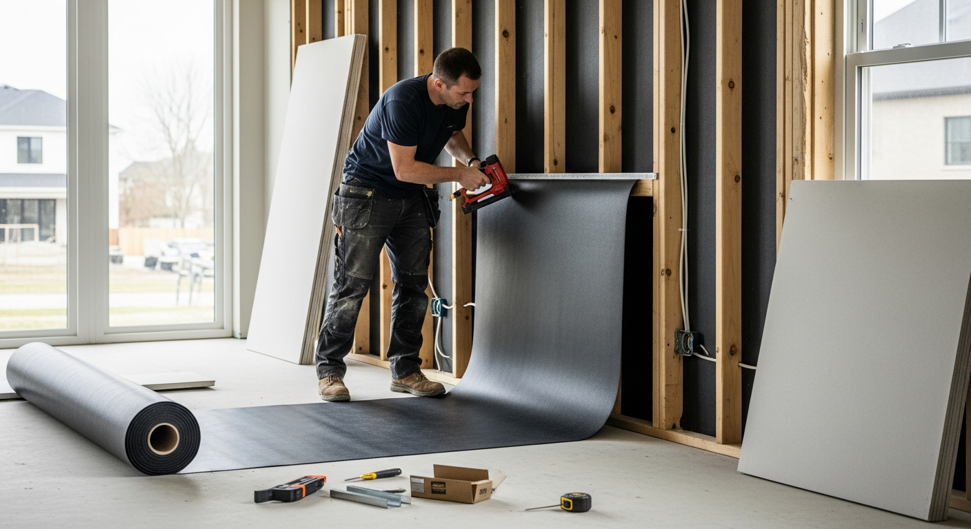 Contractor applying mass-loaded vinyl to a wall, using a staple gun for installation