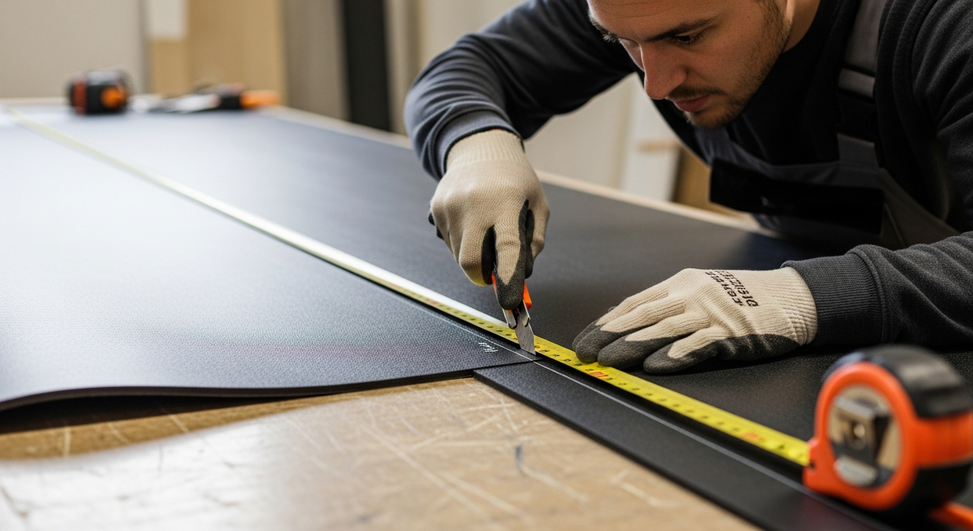 Close-up of a contractor cutting mass-loaded vinyl with a utility knife, measuring it for installation.