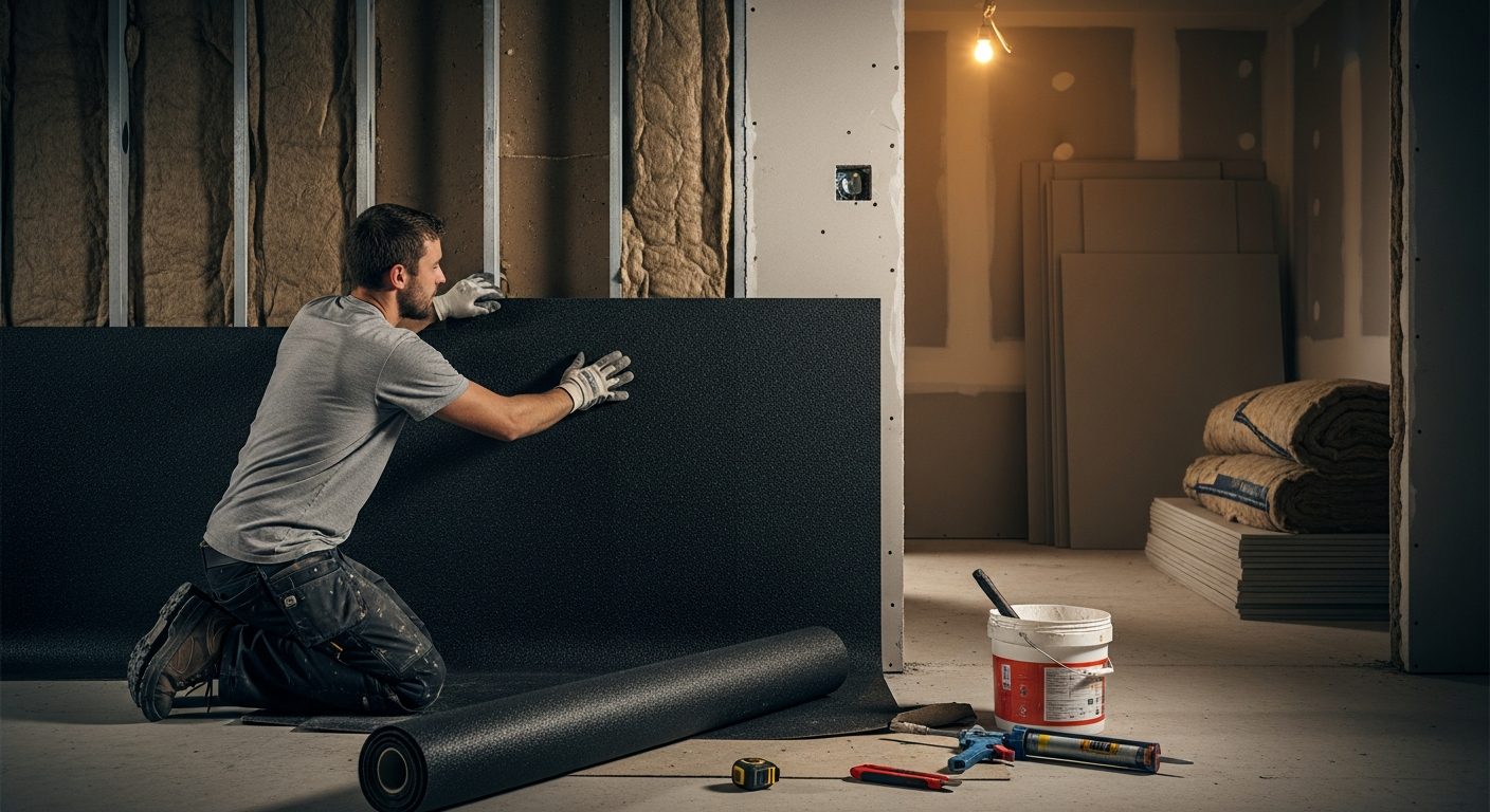 A man is kneeling and installing mass-loaded vinyl (MLV) on a wall during a soundproofing project