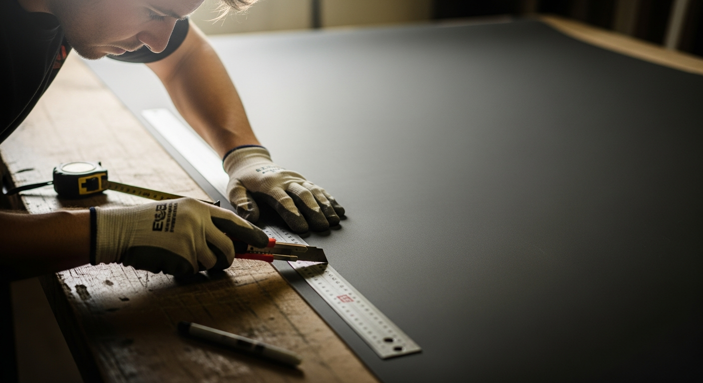 A close-up of hands measuring and cutting mass-loaded vinyl on a table