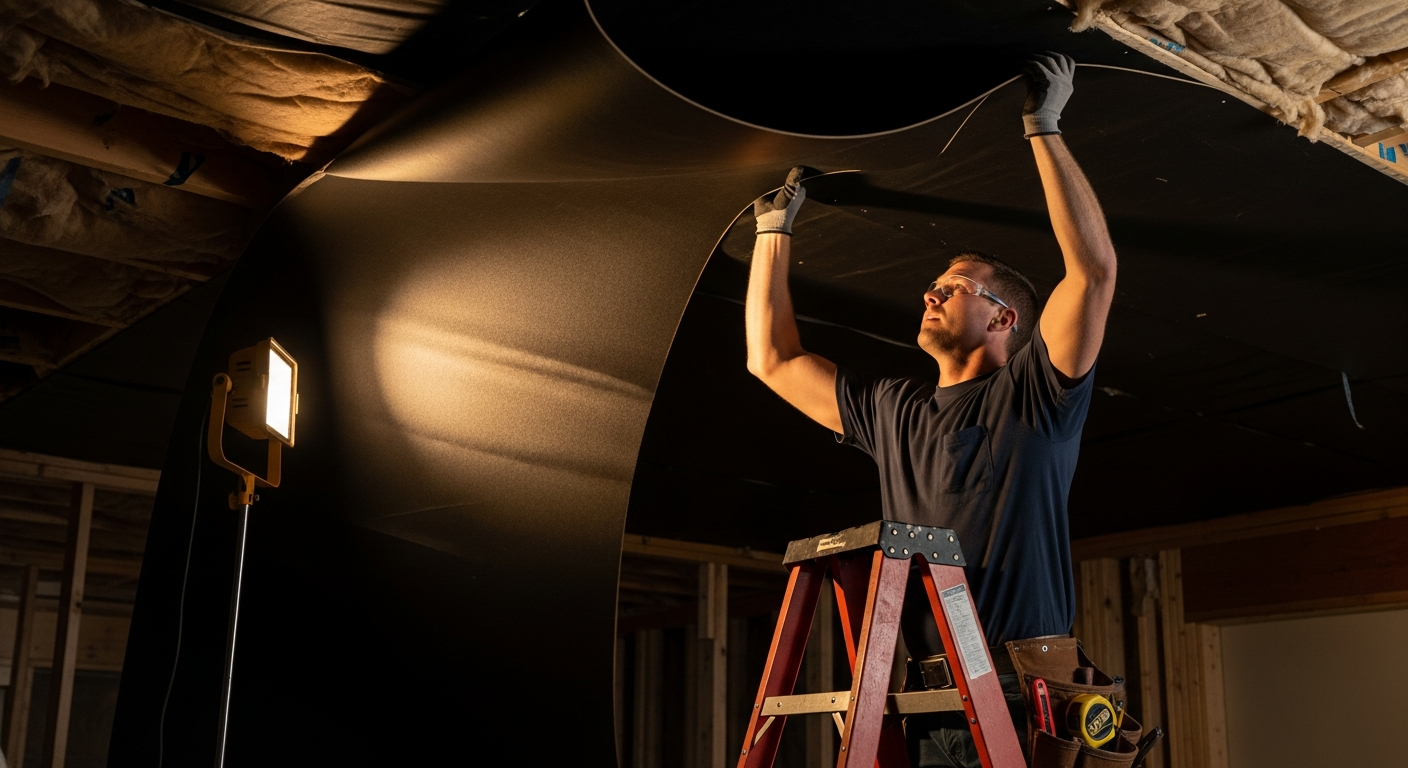 A person is using a ladder to install mass-loaded vinyl on the ceiling