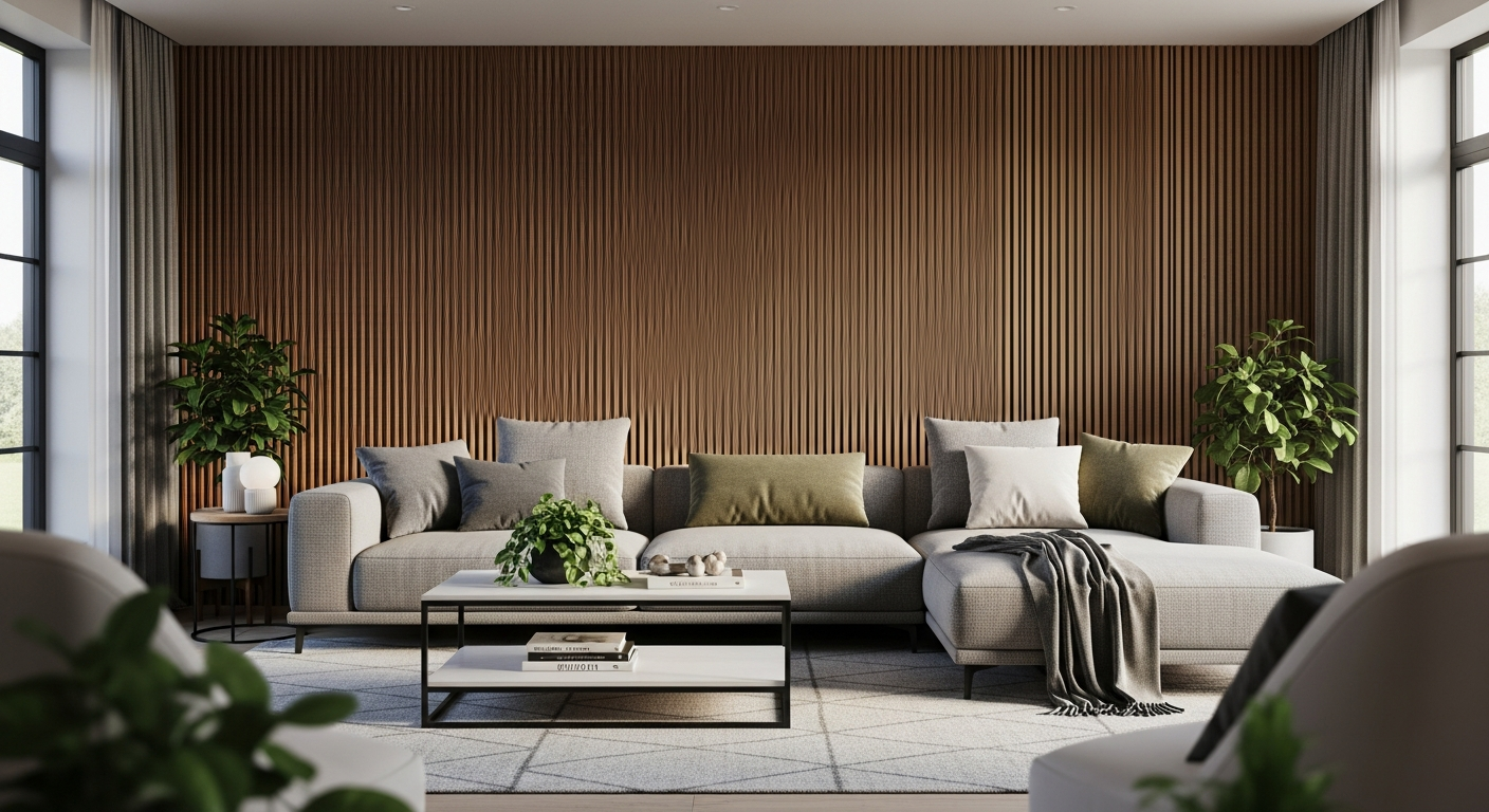 Bright modern living room featuring vertical slatted wood wall panels, light furniture