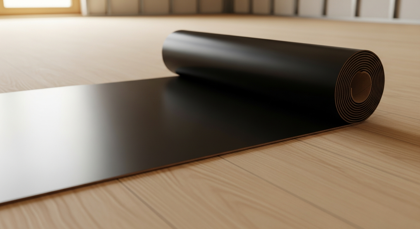 A rolled-up black mass-loaded vinyl sheet placed on a wooden floor, ready for installation
