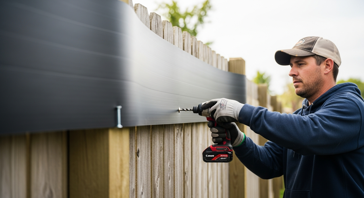 A contractor drilling a black mass-loaded vinyl sheet onto a wooden fence, wearing gloves and a cap