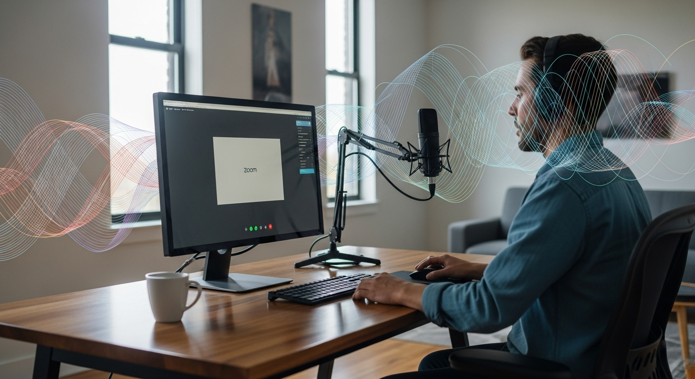 Man wearing headphones and participating in a Zoom call, with sound waves indicating active audio transmission.