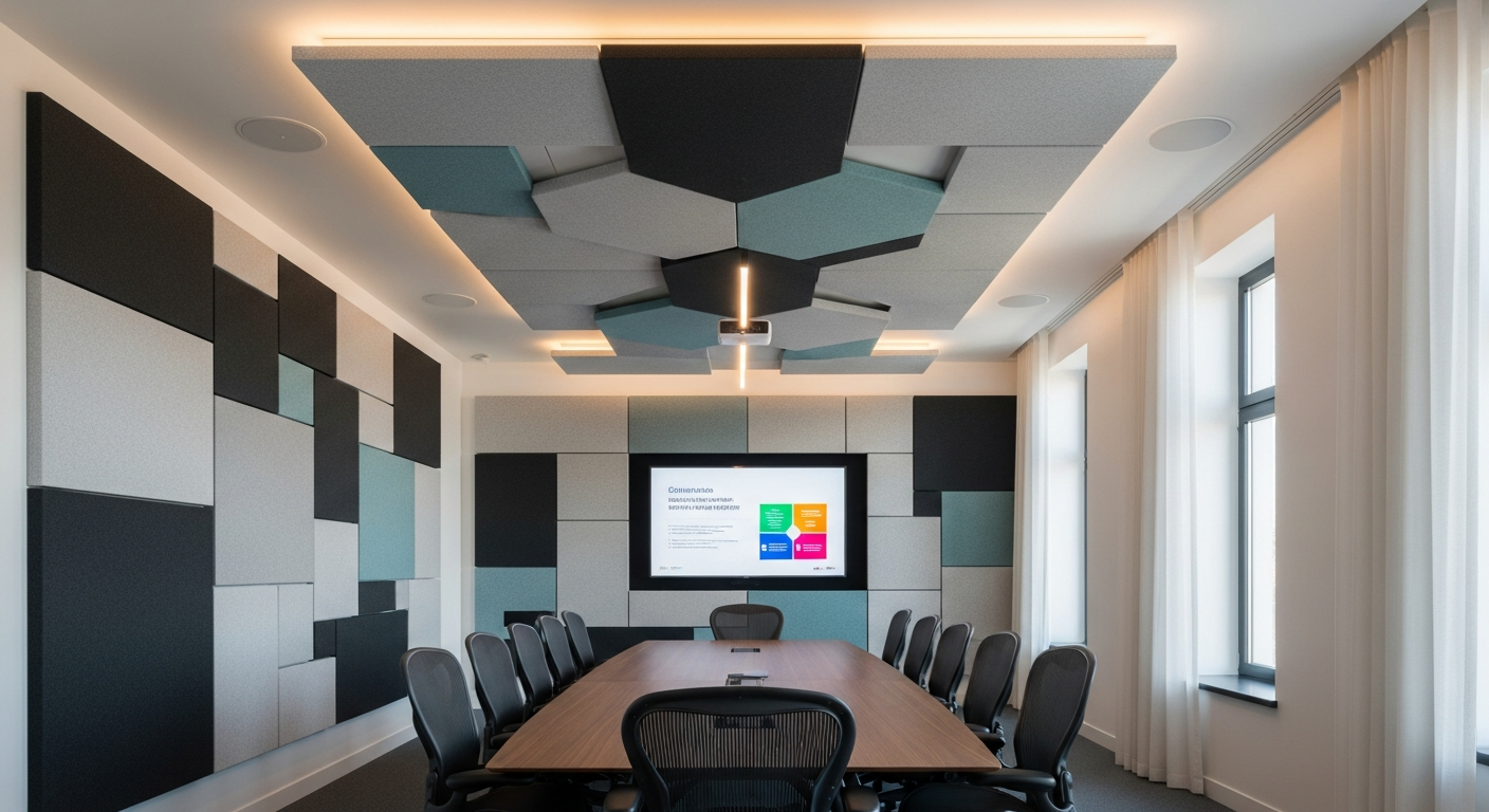 Soundproof office with acoustic panels on the walls and ceiling, providing noise control for the conference room